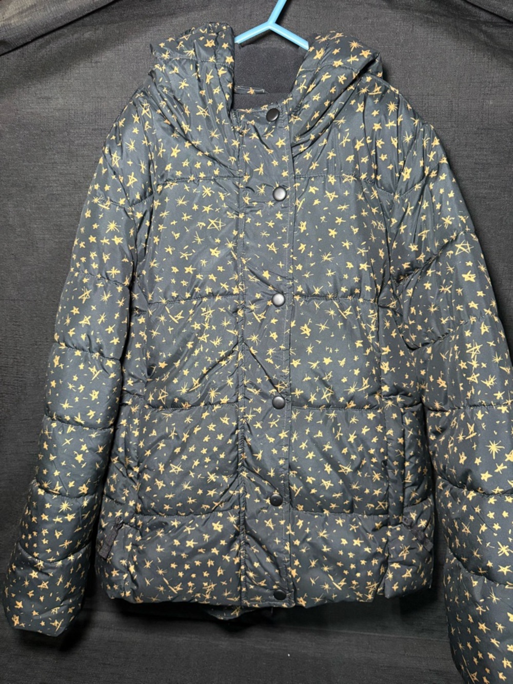 Amazon Black Hooded Puffer Jacket with Gold Star Print